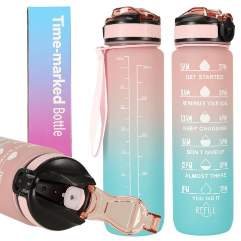 Butelka na wodę bidon ze słomką uchwytem miarką motywacyjną na siłownię BPA free Tritan 1l róż błękit Kik Sp. z o. o. Sp. k.