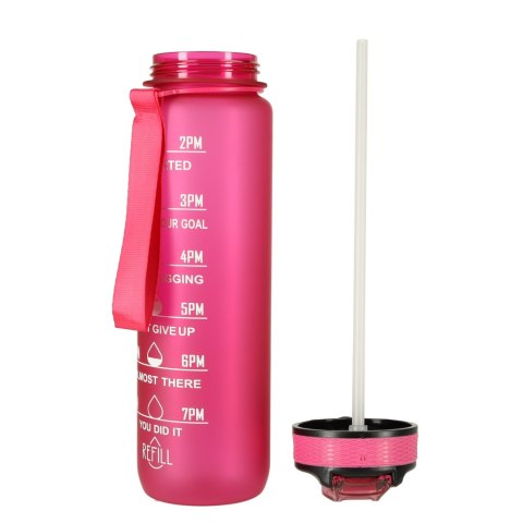 Butelka na wodę bidon ze słomką uchwytem miarką motywacyjną na siłownię BPA free Tritan 1l różowa Kik Sp. z o. o. Sp. k.