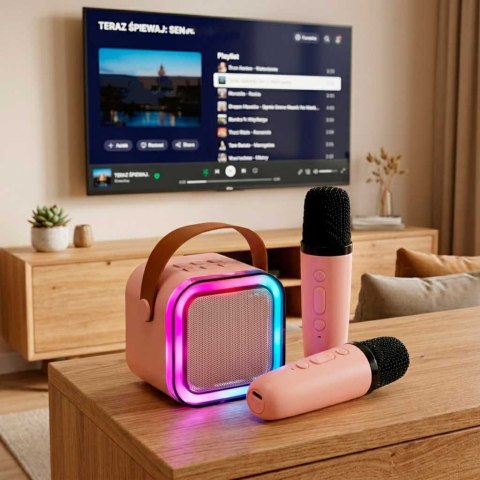 Zestaw do karaoke głośnik Bluetooth 2 mikrofony USB LED 6W różowy Kik Sp. z o. o. Sp. k.