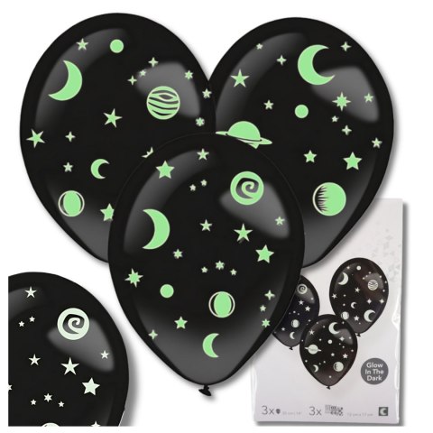 BALONY DMUCHANE LATEKSOWE CZARNE 3 SZT + NAKLEJKI GWIAZDKI FLUO NA URODZINY