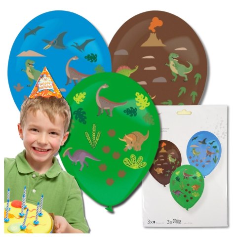 DUŻE BALONY KOLOROWE 3SZT + NAKLEJKI DINOZAURY 35 CM URODZINY