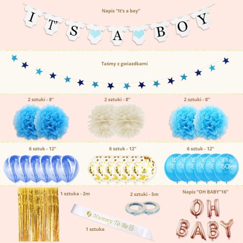 Zestaw balonów i rekwizytów na Baby Shower- "IT'S A BOY" HaloFuture