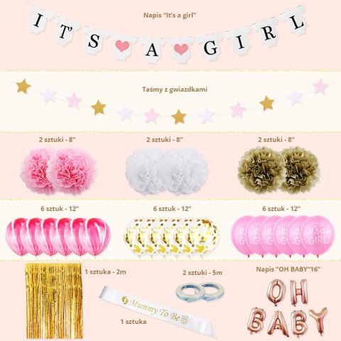 Zestaw balonów i rekwizytów na Baby Shower- "IT'S A GIRL" HaloFuture