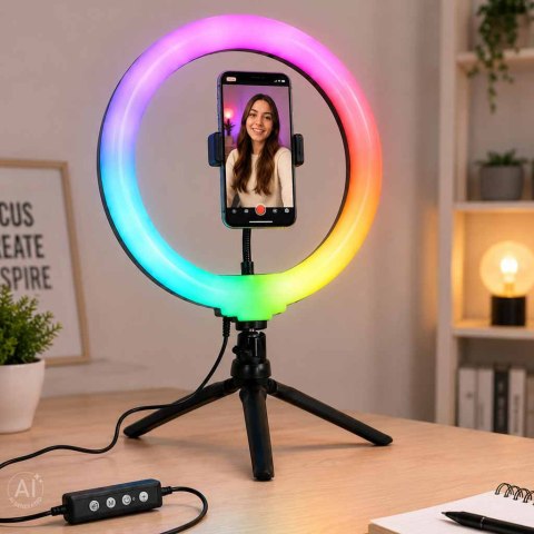 Lampa pierścieniowa do selfie LED RGB na statywie Kik Sp. z o. o. Sp. k.