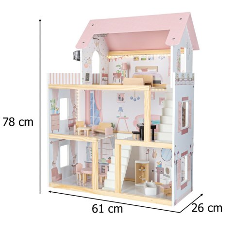 Domek dla lalek drewniany mebelki 78cm róż LED Kik Sp. z o. o. Sp. k.