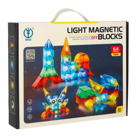 Klocki magnetyczne konstrukcyjne świecące elementy figury 3D 64 el. Kik Sp. z o. o. Sp. k.