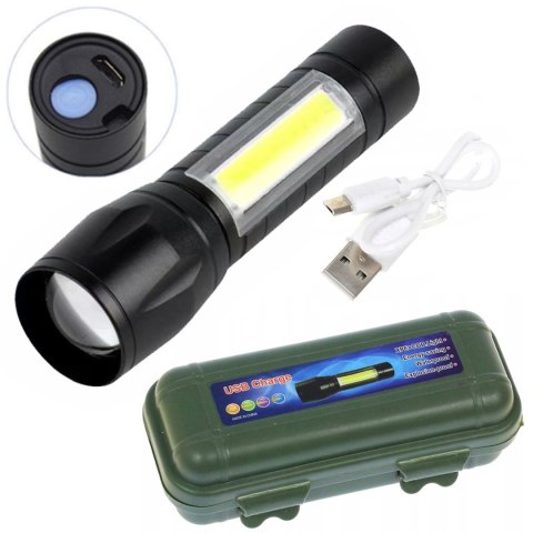 Latarka akumulatorowa USB, 3 tryby, mocna XPE+COB