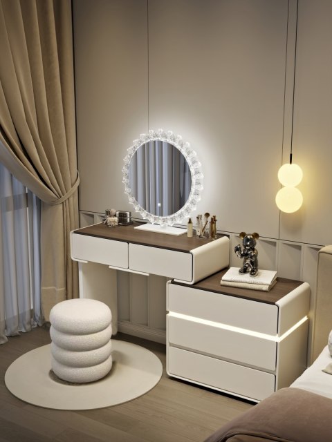 Toaletka kosmetyczna LED/ Komplet mebli blat 80 cm- Paula - kolor biały/orzech HaloFuture