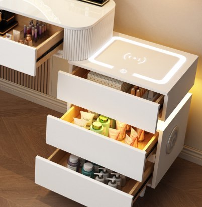 Toaletka kosmetyczna LED z ladowarką indukcyjną/Komplet mebli blat 100 cm Eliza - kolor biały HaloFuture